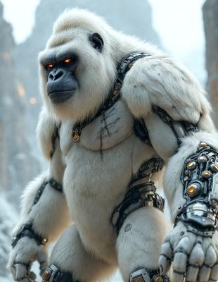 The primary subject of the image is a large, white, robotic gorilla. The robotic gorilla is standing in a snowy environment, with a mountainous background. The visual style of the image is digital art, as it appears to be a computer-generated or digitally rendered creation. The dominant colors in the image are white and gray, giving the robotic gorilla a cold and mechanical appearance.